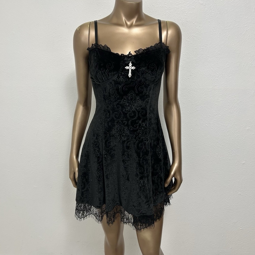 Gothic Lolita Witchy Widow Midnight Blind‎ Faith Black Velvet Sexy Mini Dress S